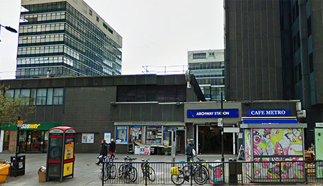 Photograph of Archway Station in its current concrete form. The station sits below the brutalist Archway Tower at 2 Junction Road.