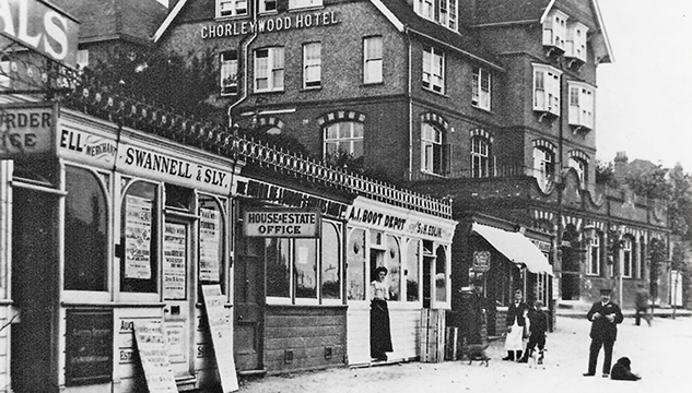 Historic photograph showing the high street and Chorleywood Hotel