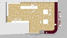 Plan view of shop, showing curved 'showcase' display to corner
