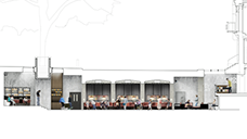 Visualisation showing Lyndon Goode Architect's design for the undercroft area, including bar and restaurant, at the Royal Court Theatre